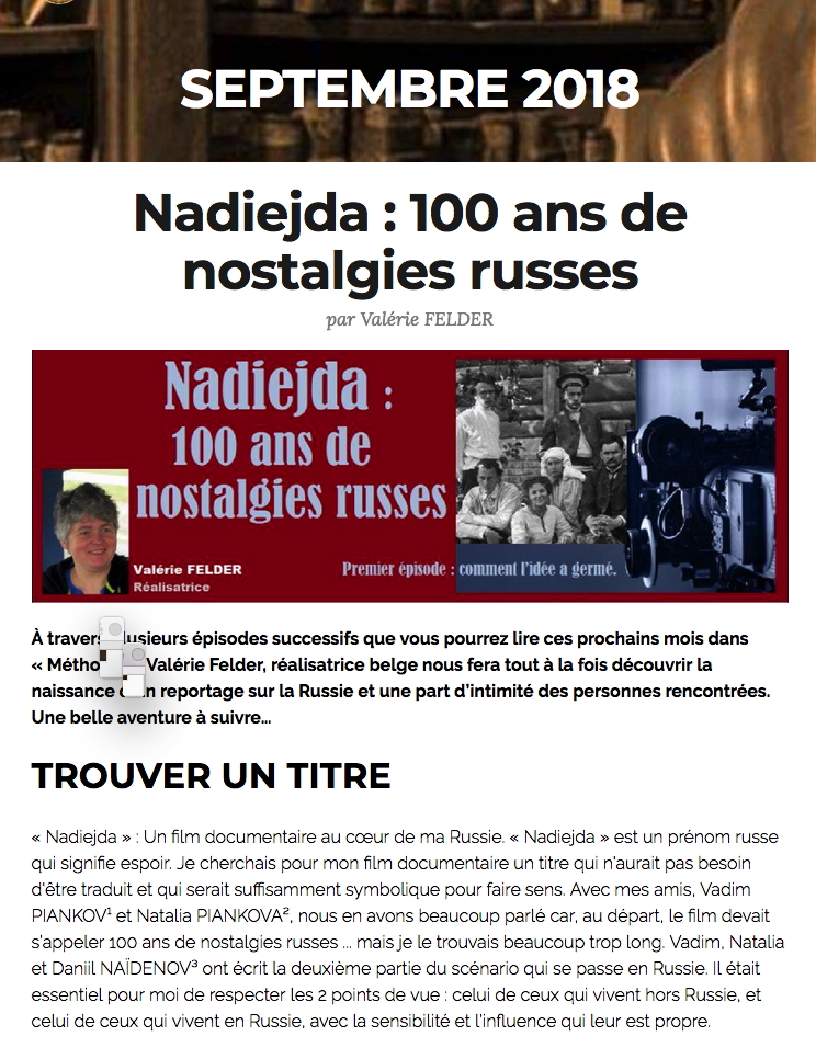Page internet. Nadiejda - 100 ans de nostalgies russes, par Valérie Felder. 2018-10-01